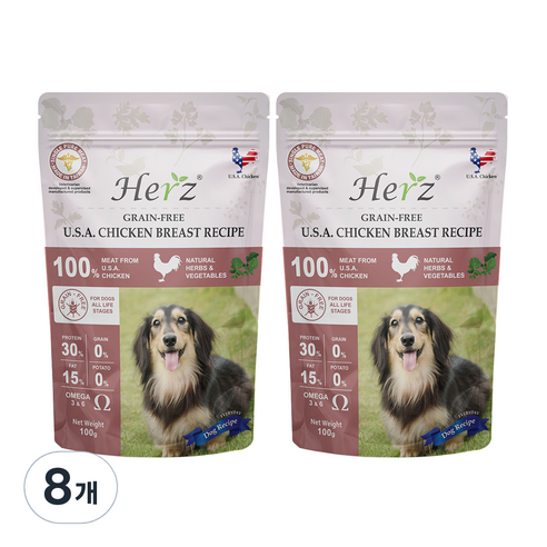 허즈 전연령 강아지 그레인프리 레시피 건조사료, 닭, 100g, 8개