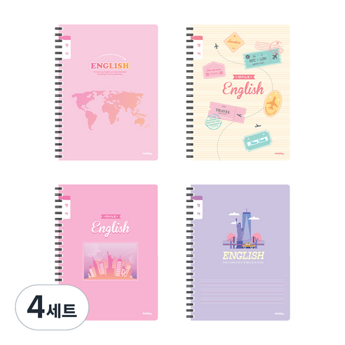 아이비스 여아용 초등 영어 스프링 노트 좁은칸 SP11727 4종 세트, 세계 지도 + 여행 + 뉴욕의 밤 + 택시, 4세트