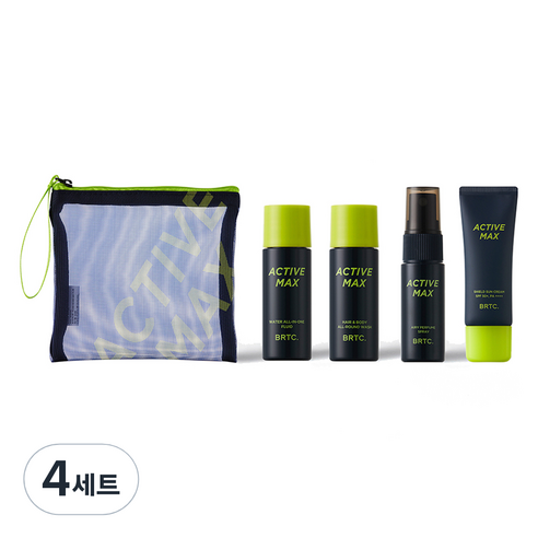 비알티씨 액티브 맥스 여행용 미니어처 바디워시 20ml + 로션 20ml + 퍼퓸스프레이 19ml + 선크림 20ml + 파우치 세트, 4세트