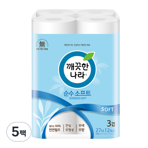 깨끗한나라 순수 소프트 화장지 27m, 12롤, 5팩