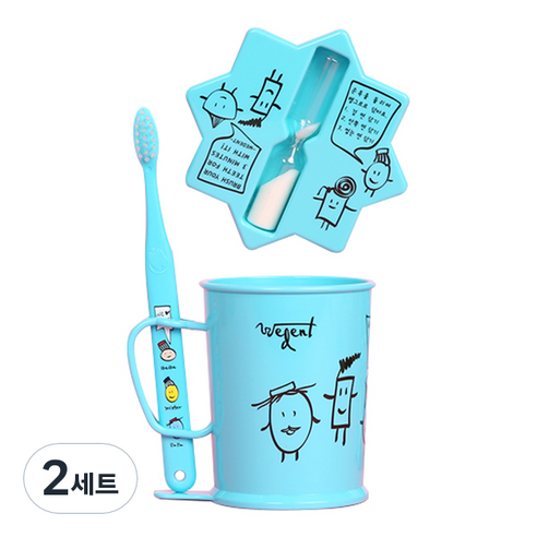 위덴 어린이 칫솔 6~8세 + 양치컵 + 모래시계 세트 스카이, 2세트