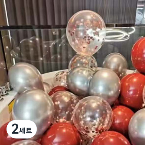뷰라뷰 파티풍선 50p + 공기펌프 + 10m 리본 세트, 13 루비레드 + 실버 + 샴페인스팽글(랜덤발송), 2세트