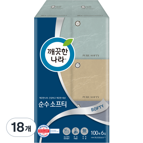 깨끗한나라 펄프 순수 소프티 미용티슈 2겹, 100개입, 18개