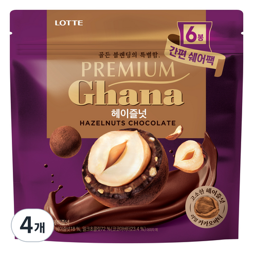 롯데웰푸드 프리미엄 가나 헤이즐넛 초콜릿 쉐어팩 6p, 144g, 4개