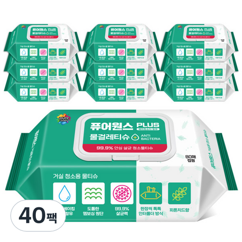 퓨어원스 플러스 거실용 청소 물티슈 캡형 80p, 40개, 545g