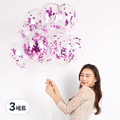 파티해 메탈릭 컨페티풍선 20p + 손펌프 랜덤발송 +컬링리본 + 스펀지닷 세트, 핑크, 3세트