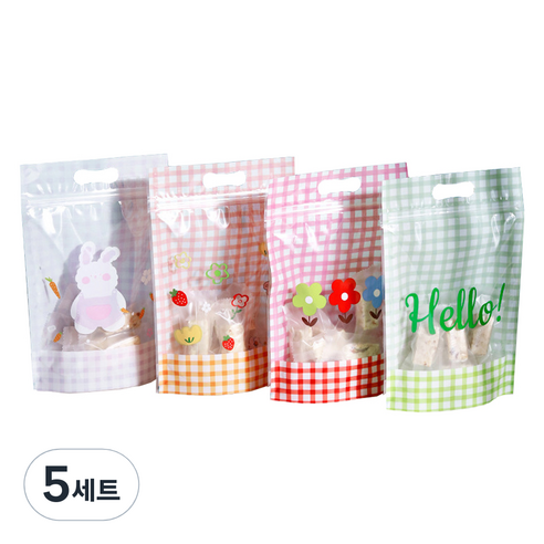 캐릭터 손잡이 지퍼팩 선물봉투 50p 세트, 투명체크, 5세트