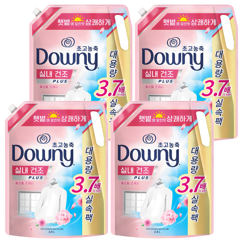 다우니 엑스퍼트 실내건조 플러스 초고농축 섬유유연제 플로럴 프레시향 리필, 2.6L, 4개