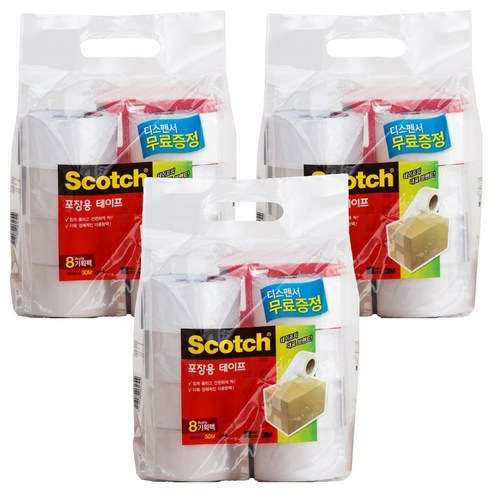 쓰리엠 스카치 포장용 테이프 3650 48mm x 50m 8p + 디스펜서 세트, 투명(테이프), 3세트