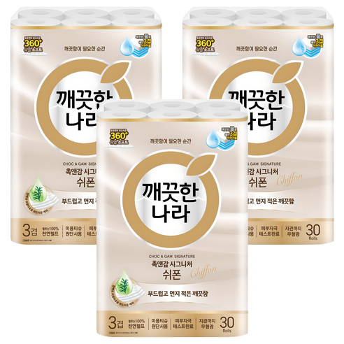 깨끗한나라 촉앤감 시그니처 쉬폰 천연펄프 3겹 고급롤화장지, 27m, 30개입, 3개