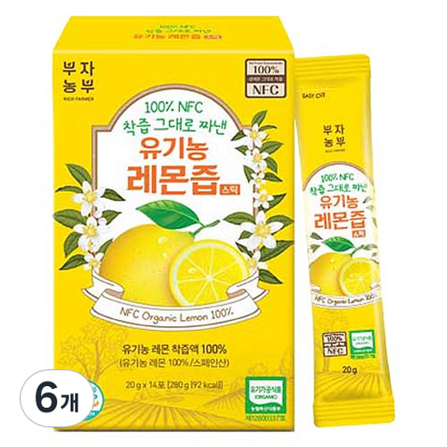 부자농부 100% NFC 착즙 그대로 짜낸 유기농 레몬즙 스틱, 6개, 280g