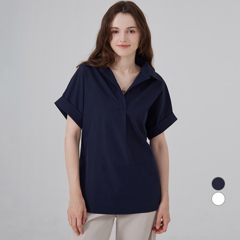 ELLEPARIS 여성용 오버핏 롤업 반팔 카라 셔츠