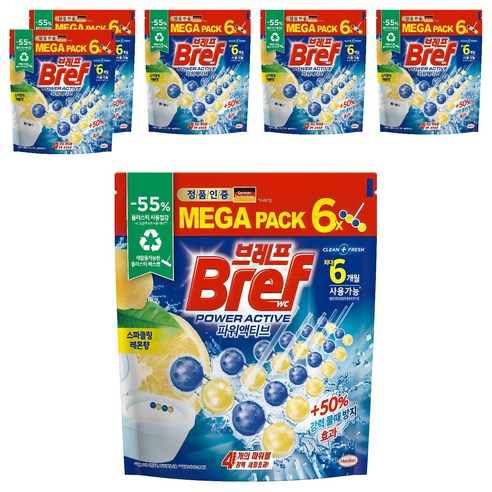 브레프 파워액티브 변기 세정제 레몬향 6p, 300g, 6개