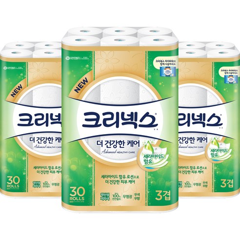 크리넥스 유한킴벌리 더 건강한 케어 롤화장지 3겹 30m, 30롤, 3팩