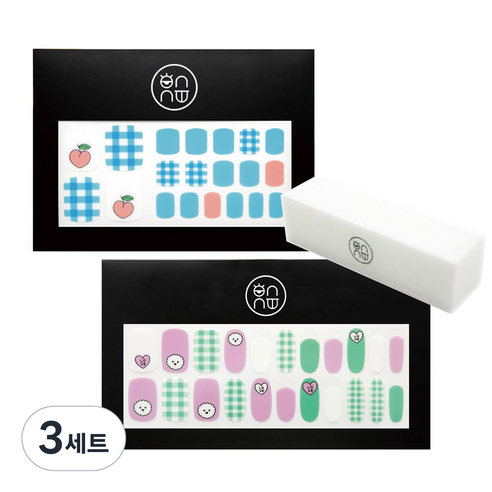 온유네일 푸딩젤 피치 크러쉬 페디스티커 + 비숑 네일스티커 + 샌딩버퍼, 혼합색상, 3세트