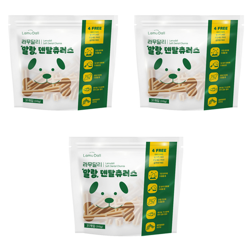 라무달리 강아지 말랑 덴탈츄러스 31개입, 연어 + 생선살 혼합맛, 310g, 3개
