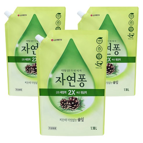 [비건라이프] 자연퐁 찌든때 걱정없는 솔잎 주방세제 파우치형, 3개, 1.18L