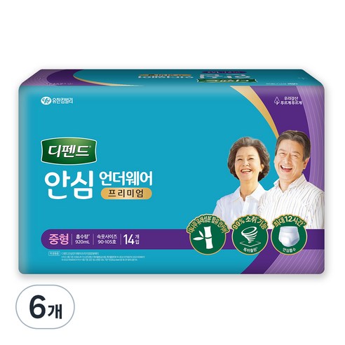 디펜드 남녀공용 안심 언더웨어 프리미엄 성인기저귀, 중형, 14개입, 6개