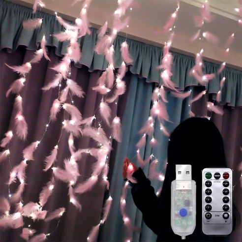 더깔끔 LED 창문 인스풍 실내 장식 깃털, 따뜻한 화이트 리모컨 USB