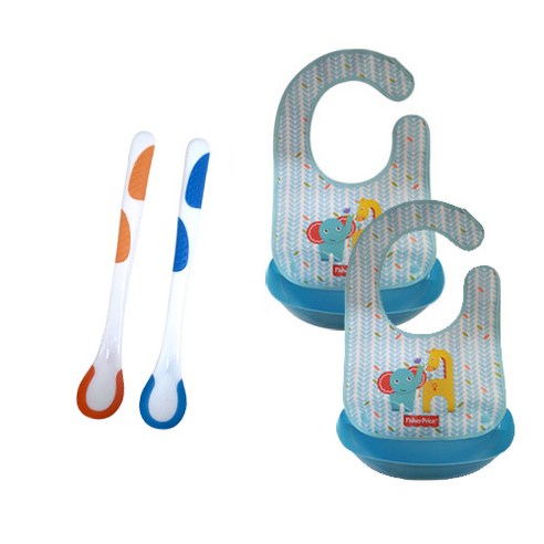 피셔프라이스 온도감지이유 스푼 2종 + 받이분리 턱받이 2p, 블루(턱받이), 1세트