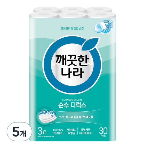깨끗한나라 순수 디럭스 천연펄프 3겹 화장지, 30m, 30개입, 5개