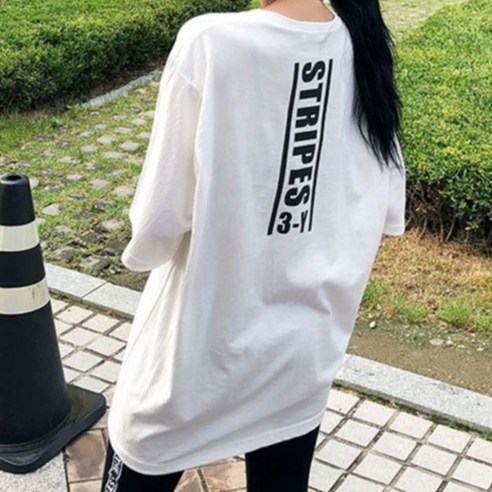 매드시스터 여성용 스트립스 오버핏 반팔 롱 티셔츠