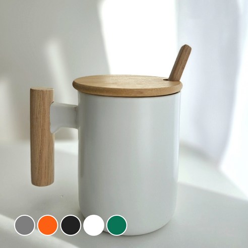 라운드 우드 손잡이 고급 머그컵 380ml + 뚜껑 세트, 화이트, 1개