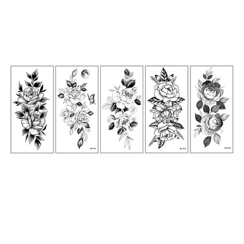 스케치 타투 장미 꽃 흑백 문신 스티커 5종 세트, BK-03, 1세트