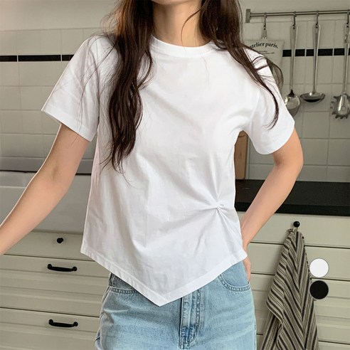 아피나르 여성용 언발란스 세미크롭 반팔 티셔츠