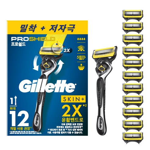 질레트 정품 프로쉴드 옐로우 매뉴얼 면도기 핸들1입 + 면도날12입, 1세트
