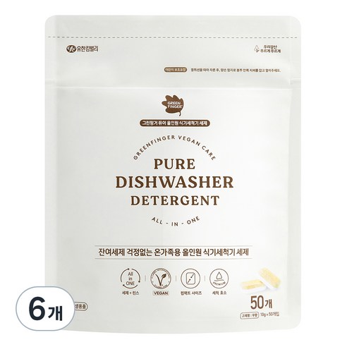 그린핑거 퓨어 올인원 식기세척기 세제 50p, 500g, 6개