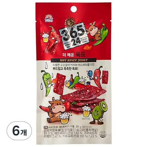 사조해표 365.24 더 매운 육포, 30g, 6개