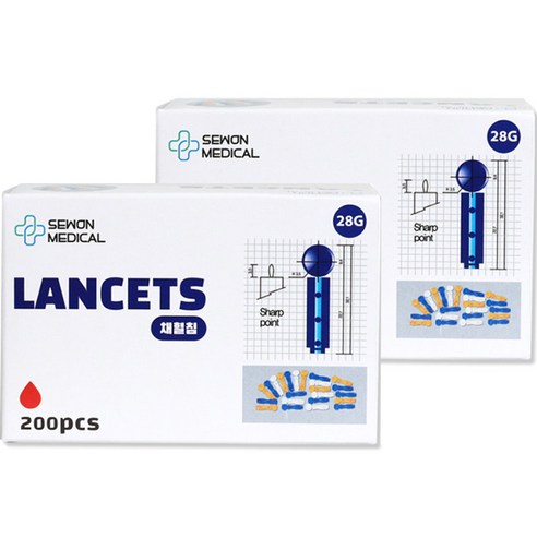 세원메디칼 비멸균 란셋 28G 십자형 채혈침, 2개, 200개입