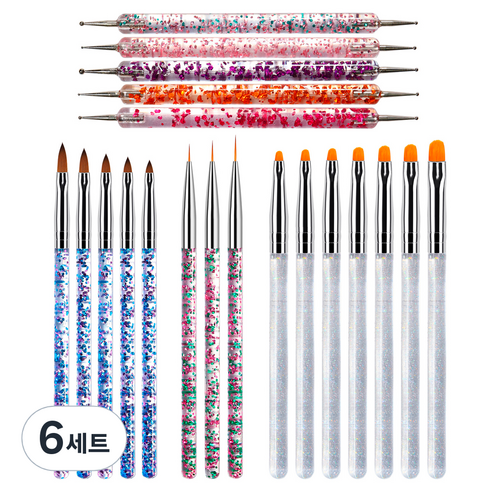 메이브라운 추천 네일 도트봉 5종 + 둥근붓 7종 + 아크릴붓 5종 + 세필붓 3종 세트, 6세트, 혼합색상