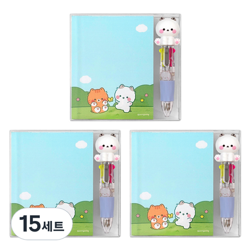 우옹이 메모지 + 4색펜 세트, 블루, 15세트