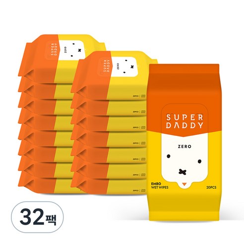 슈퍼대디 X 저자극 제로 아기물티슈 리필형 55gsm, 20개입, 32개