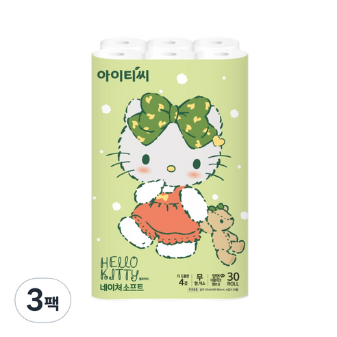 아이티씨 헬로키티 네이처 소프트 4겹 화장지 20m, 3팩, 30롤