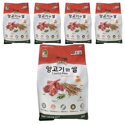 도그랑 어덜트 강아지 훼미리 건식사료, 양+쌀, 2kg, 5개