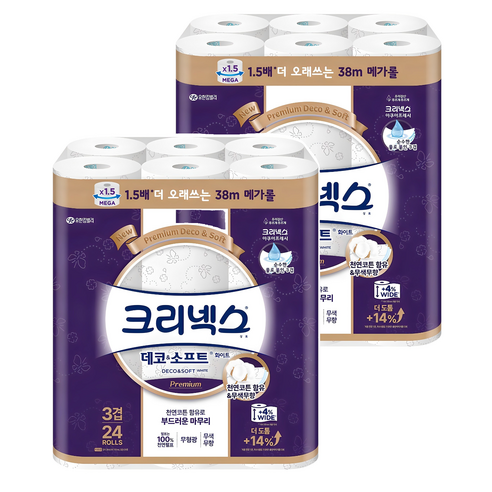 크리넥스 데코 앤 소프트 화이트 천연펄프 3겹 고급롤화장지, 38m, 24개입, 2개