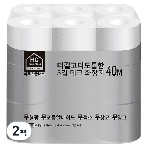 하우스클래스 더길고 더도톰한 3겹 데코 두루마리 화장지 40m, 2팩, 18롤