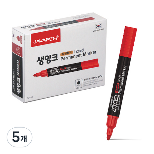 자바펜 생잉크 유성 매직 12p, 빨강, 5개