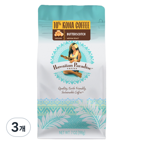 하와이안파라다이스커피 하와이 코나 버터 스카치 분쇄 커피, 핸드드립, 198g, 3개