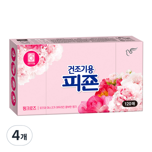 피죤 건조기용 오리지널 시트 섬유유연제 핑크로즈 본품, 4개