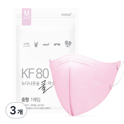 다나마스크 뉴 다나온숨 쿨마스크 새부리형 중형 KF80, 50개입, 3개, 연분홍색