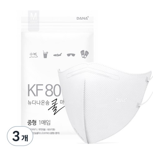 다나마스크 뉴다나온숨 쿨 새부리형 마스크 중형 KF80, 50개입, 3개, 흰색