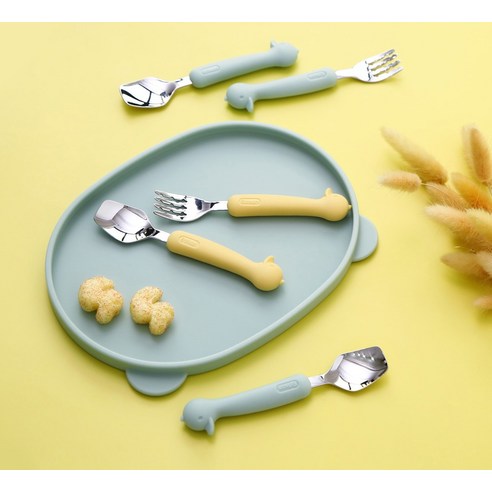 우리 아이 첫 식사를 위한 안전하고 편리한 선택, 에디슨 유아 실리콘 스푼 포크 세트