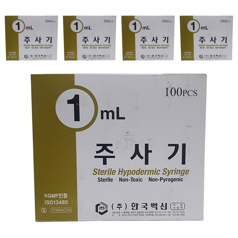 한국백신 일회용 주사기 1ml 26g 100p, 5개