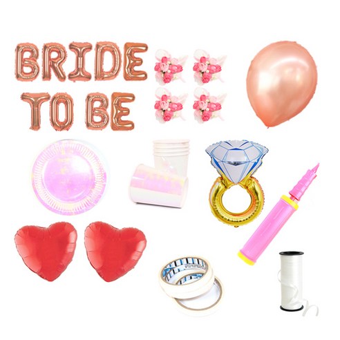 브라이덜샤워 레터링 풍선 BRIDE TO BE 35cm 소품 + 테이블웨어 패키지, 로즈(레터링 풍선, 펄 풍선 세트), 핑크(꽃팔찌), 홀로그램(테이블웨어), 1세트