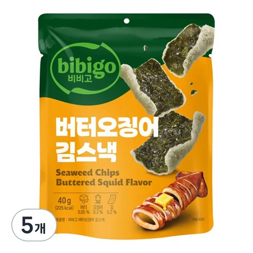 비비고 버터오징어 김스낵, 5개, 40g