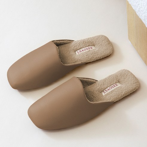 오브메종 고급 가죽 실내화 융털 보온 슬리퍼, Beige, 1개